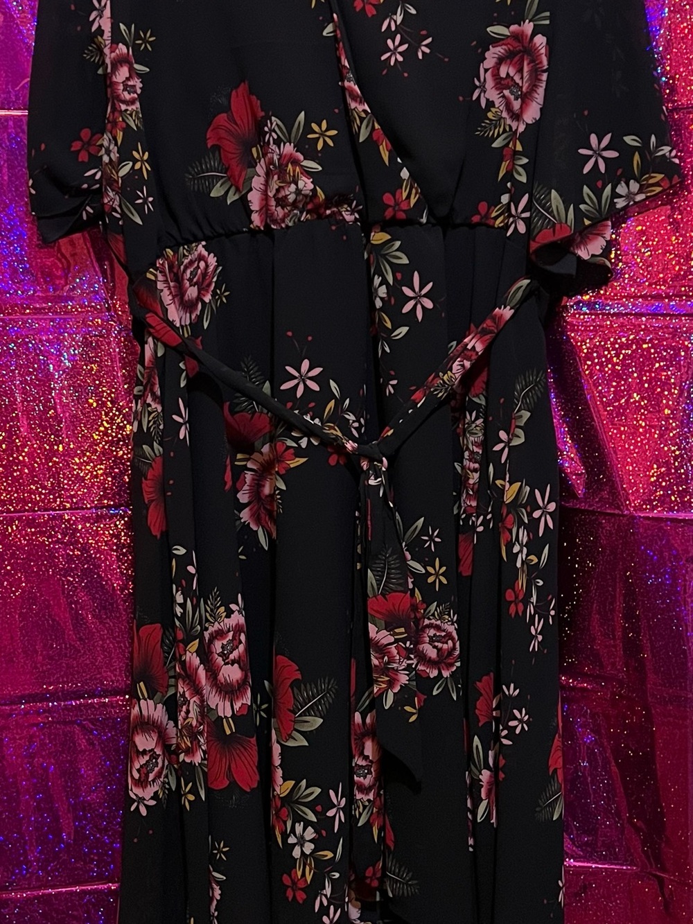 SHEIN Black Maxi Dress with Pink & Red Floral Print